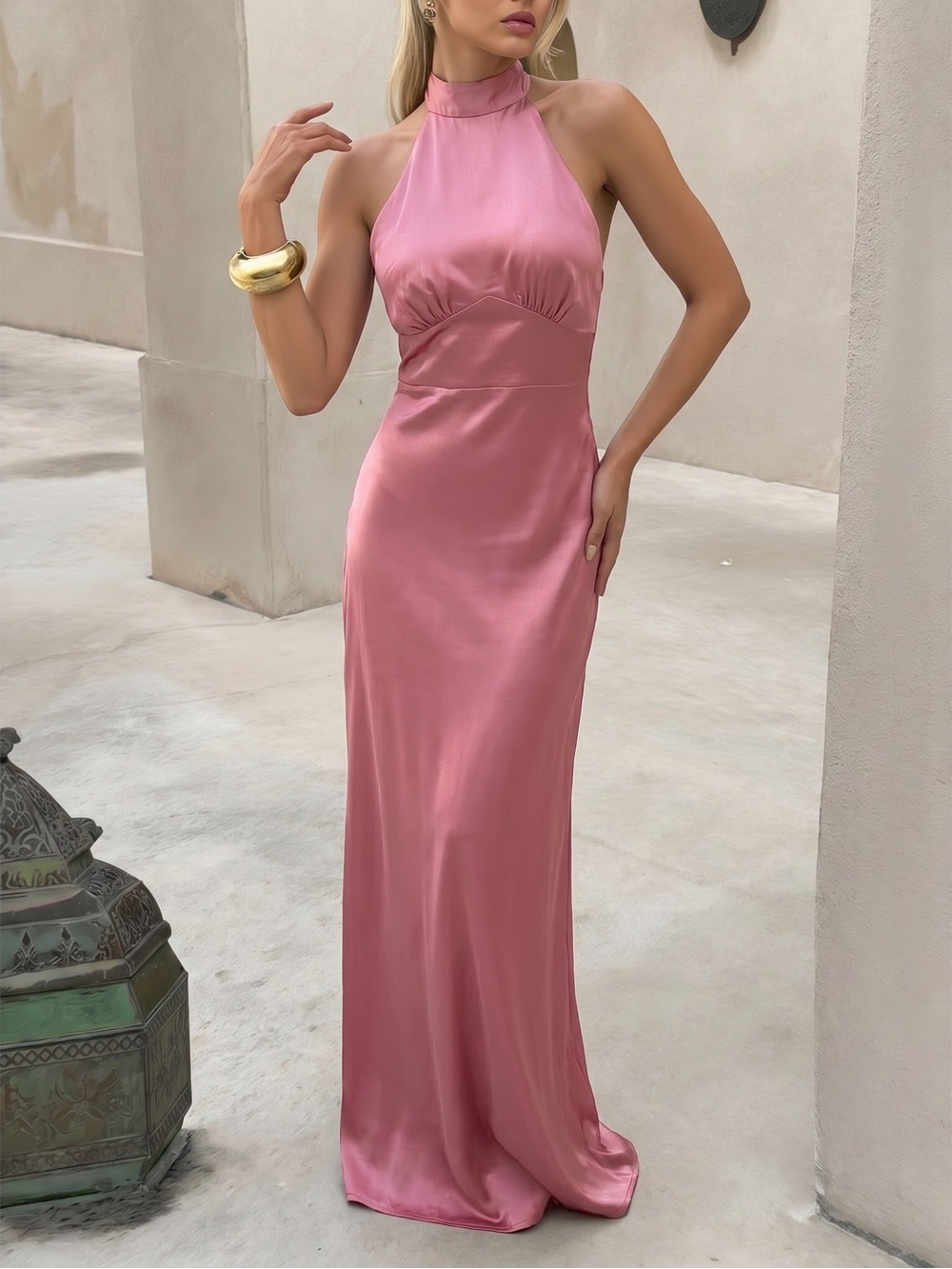 NWT Abercrombie & Fitch Rose Pink Halter Satin Maxi Dress High-low Size S